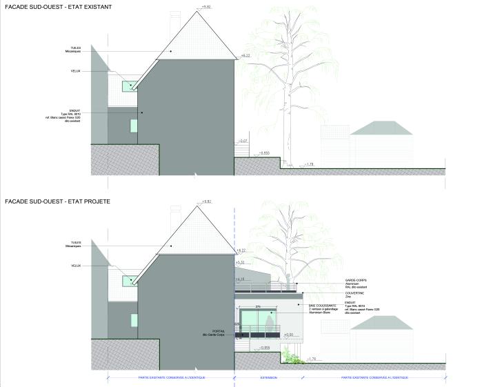 Cure - 7|9|1 Architecture - Façade Sud-Ouest Existant | Projeté