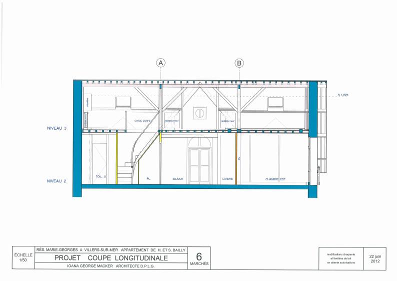 Coupe longitudinale, ouverture de baie, renforcement du plancher intermédiaire, 