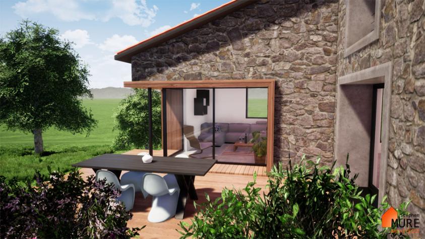 Réhabilitation d'une Maison en Pierres - Fenêtre d'angle et terrasse bois