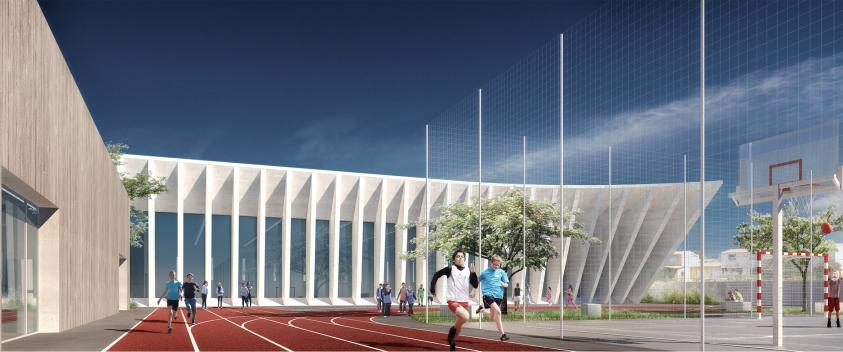 Vue depuis le plateau sportif sur la salle multisports