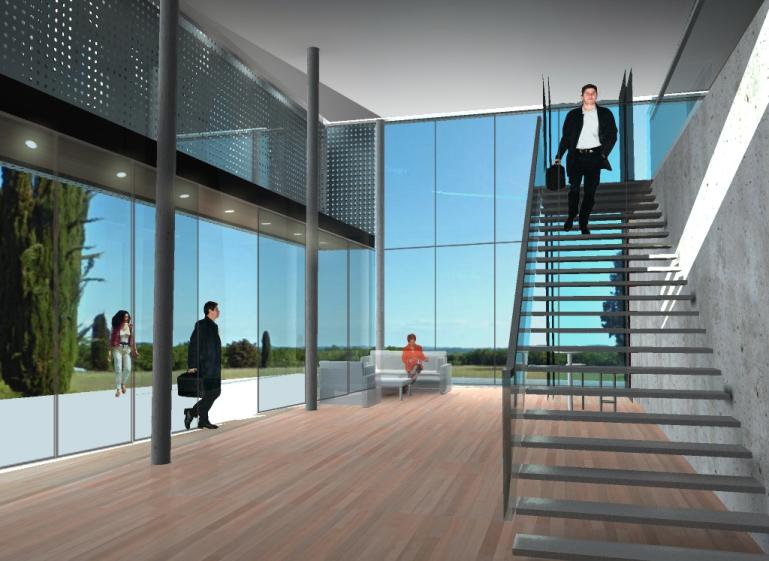 Hall d'accueil Escalier transparent bois et acier  - Simulation 3D