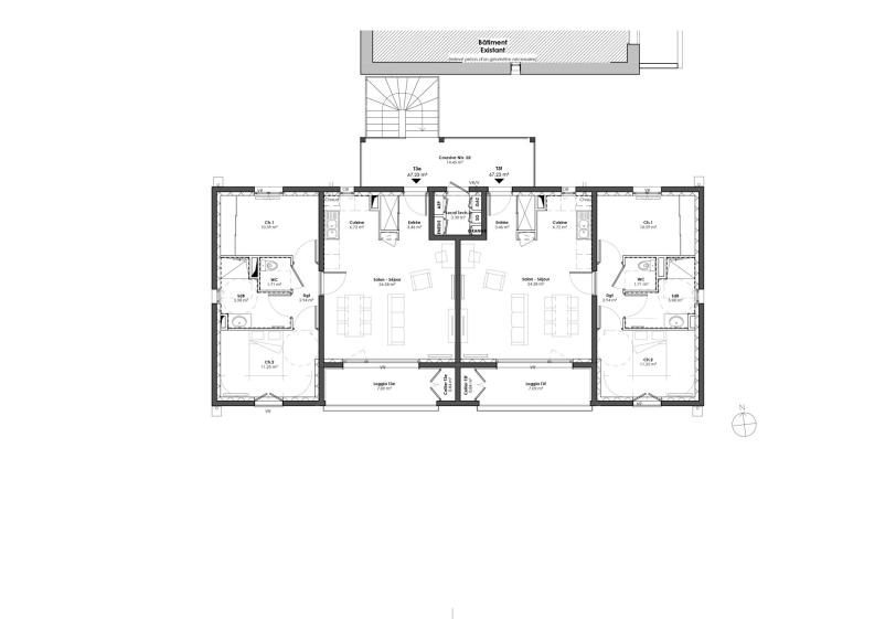Plan de Niveaux 01 et 02 - Espaces intérieurs ouverts vers espace extérieur - Es