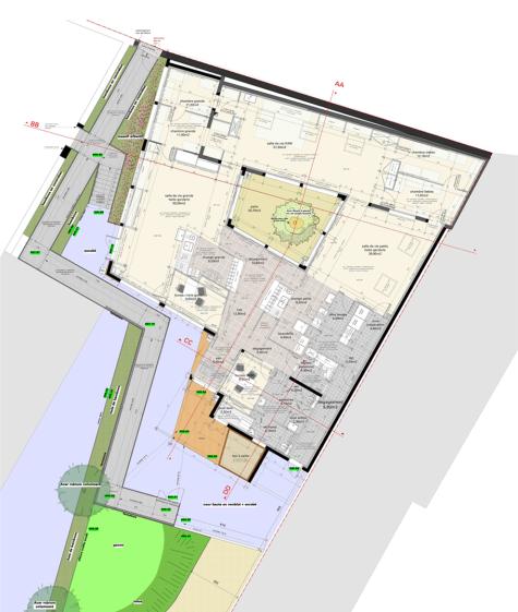 Plan du projet avec organisation des extensions autour d'un patio central