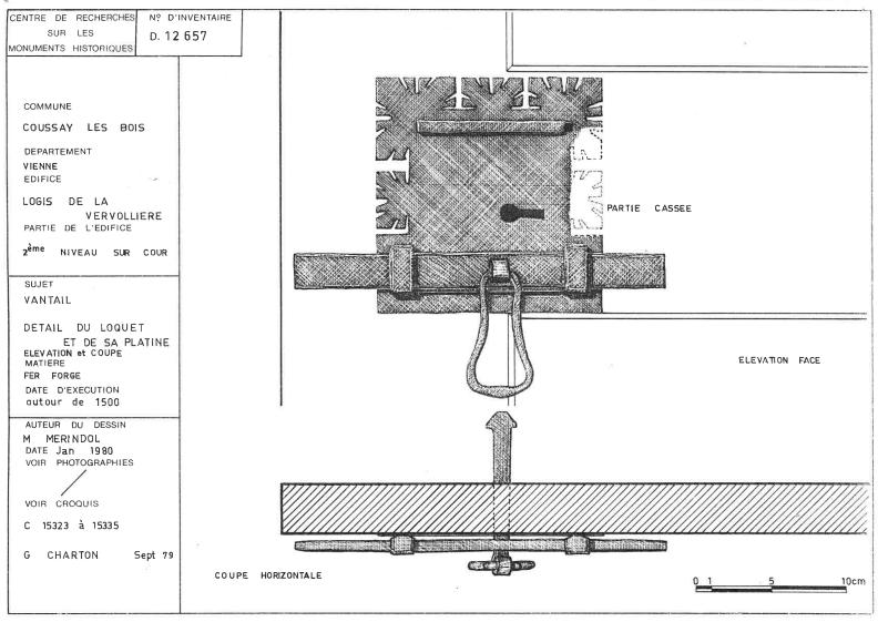 Détail du loquet et de sa platine - vantail - fer forgé / logis de la Vervollièr