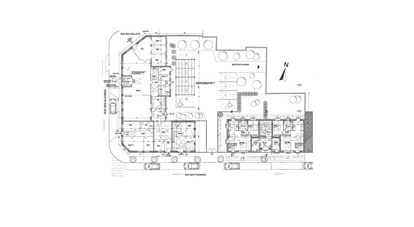 Plan Rez-de-chaussée d'ensemble (locaux associatifs et immeuble de logements - E