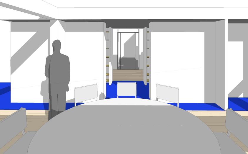 Perspective sur axe salle à manger-antichambre-vestibule-cuisine