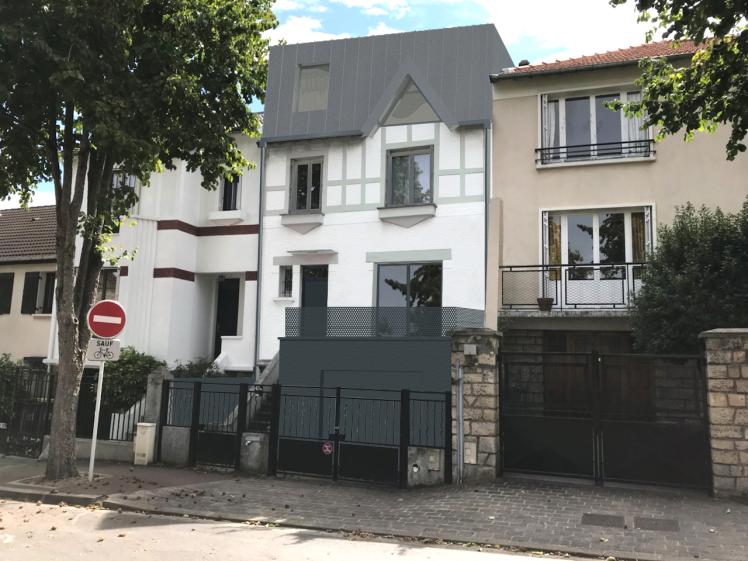 Perspective sur rue : extension toiture zinc, ravalement de la façade