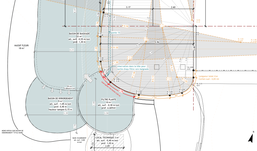 Plan de la terrasse et de la baignade naturelle