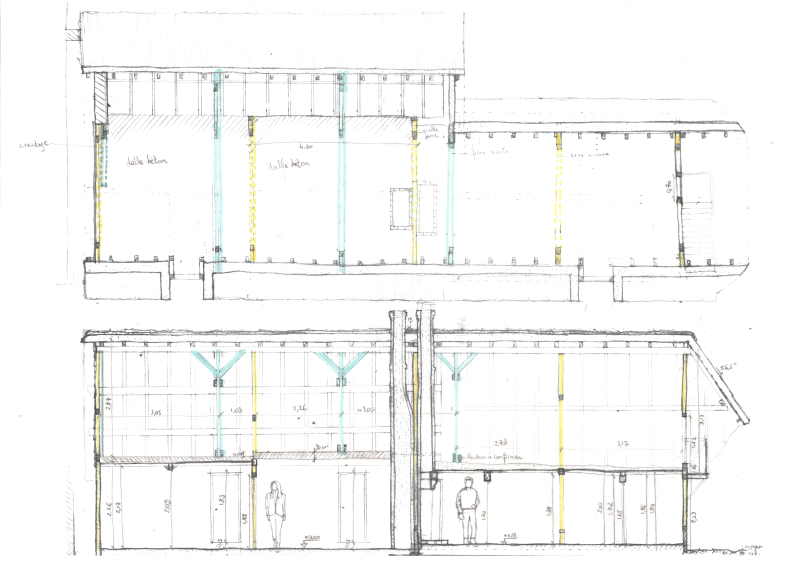 Plan et coupe d'une charpente au 1 : 50 d'après relevés et photos