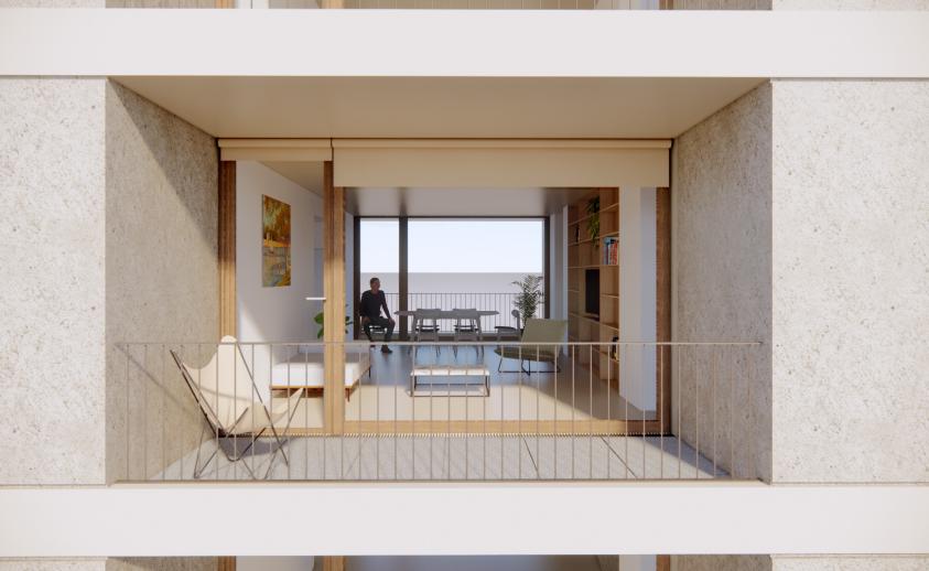 Vue d'une loggia et d'un séjour travsersant - Perspective : Architectures Raphaël Gabrion