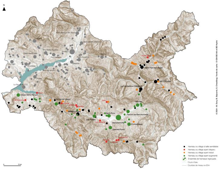 Carte de la répartition de l'habitat durant la première moitié du XIXe siècle (© M. Dury, B. Séjourné, S. Chwalibog / fonds de carte : © IGN BD Alti et BD Hydro)