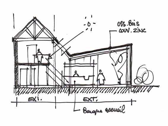 Construction d'un show-room /accueil - croquis, coupe d'étude