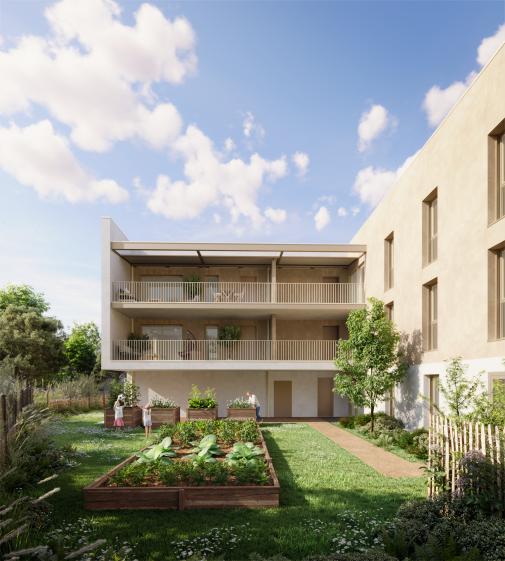 Vue de face depuis le jardin potager d'un projet résidentiel à Chaponost.