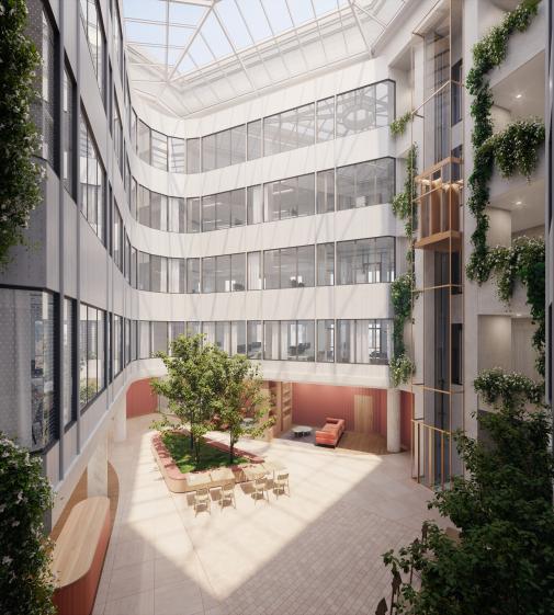 Vue en perspective de l'atrium d'un bâtiment à Lyon dans le quartier des Cordeliers.