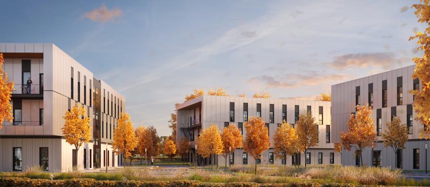 Vue d'un ensemble de bâtiments tertiaires en région parisienne en automne.