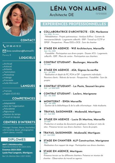 Plusieurs expériences professionnels, actuellement en CDI sur Narbonne depuis janvier 2026. Les expériences ont permis de savoir déposer des DP, PC,PCM, de monter un DCE, d'assister à des réunions de chantier et de participer activement au projet d'une agence. Maitrise de multiples logiciels tel qu'archicad, Autocad, Twinmotion, artlantis, suite adobe et suite microsoft. Compétences : polyvalente, adaptabilité, capacité d'écoute, travail en équipe.