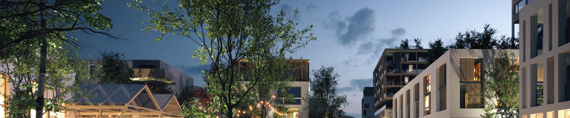 Vue de nuit du projet de reconversion de la friche Sterling à Saint Louis, au premier plan le Biergarten et ses lumières