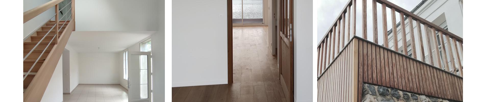 Ensemble de neuf photographies de projets finalisés illustrant des scènes intérieures et vues extérieures avec des matériaux naturels tel que le bois, la pierre, la brique, les charpentes