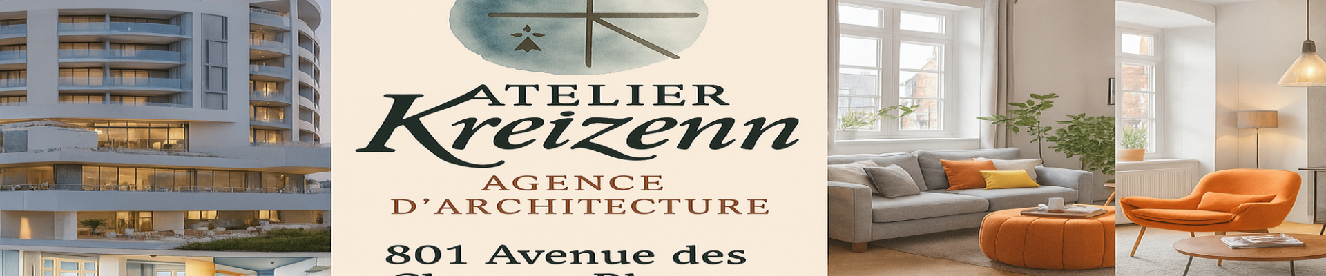 Bandeau de l'agence Atelier Kreizenn avec le logo, l'adresse et un montage de projets architecturaux.