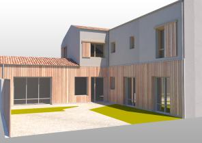 maison sur cour, maison neuve, sainte-soulle, enduit gris, bardage bois, archite