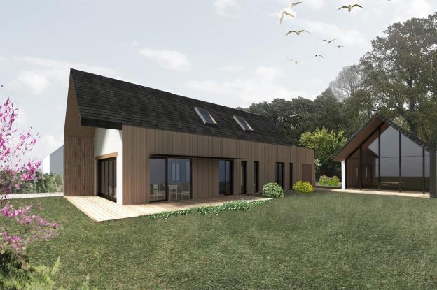 Perspective de la maison et de l’atelier - La toiture et l’enveloppe Ouest gliss
