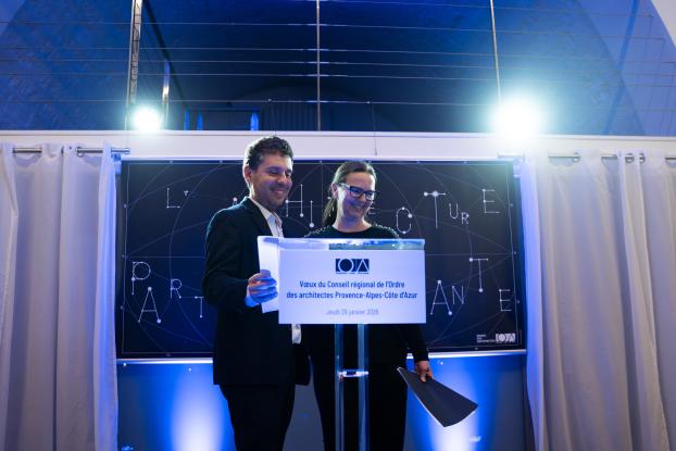 Maryline Chevalier, présidente du Conseil régional de l'Ordre des architectes PACA, et Christophe Millet, président du Conseil national de l'Ordre des architectes, lors de la soirée des vœux du conseil régional le 29 janvier 2026 à Marseille.